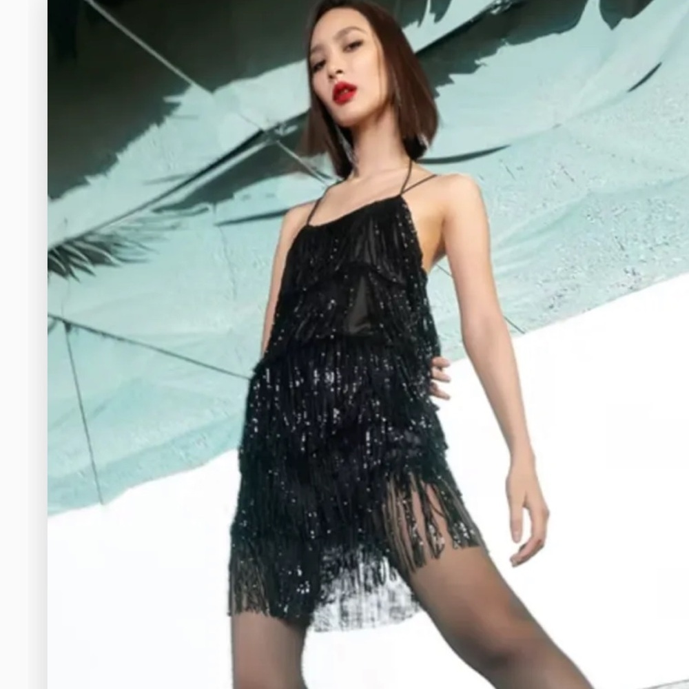 Black Sequin Fringe Midi Dress with Spaghetti Straps - Women